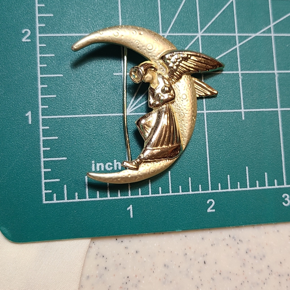 Gold Angel on Crescent Moon Brooch